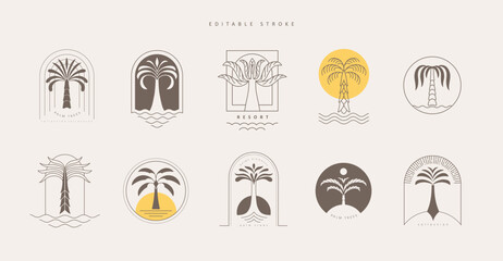 Set of simple geometric palm tree icon or logo designs. Summer tropical design elements and vacation emblems for resort, travel and beauty