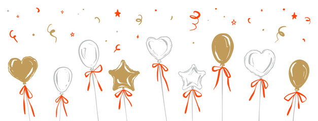 Hand drawn happy birthday party balloon background with streamers and confetti. Sketch doodle heart, star shape balloons with whimsical cute coquette bows. Line art anniversary celebration pattern