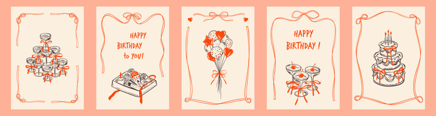 Set of hand drawn whimsical doodle happy birthday cards in coquette style. Crayon drawing. Girly champagne tower, cherry cocktail with bow, balloons, birthday cake with candles. Wedding invitation set