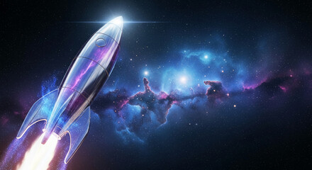 Shiny rocket launching into a dark space scene with colorful nebula, representing aspiration, innovation, and future oriented mindset