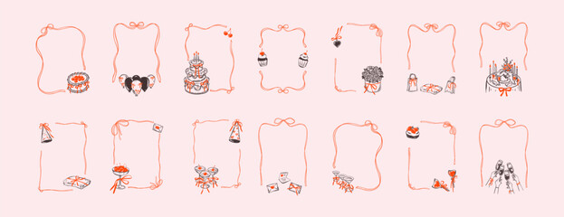 Set of doodle whimsical bow ribbon frames for restaurant menu, happy birthday cards, patisserie designs, wedding inbitations. Merry Christmas and Happy New Year filigree wavy lace rectangle border