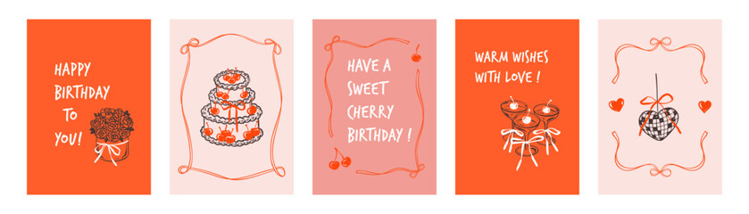 Set of minimalist aesthetic line art happy birthday posters. Red and pink romantic Valentines Day design. Whimsical martini glass, cocktail with whimsical coquette bow. Coquettish ribbon wavy frame