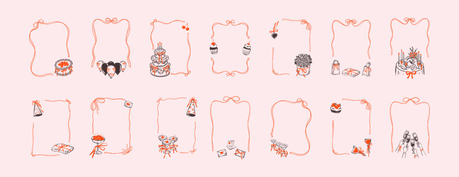 Set of doodle whimsical bow ribbon frames for restaurant menu, happy birthday cards, patisserie designs, wedding inbitations. Merry Christmas and Happy New Year filigree wavy lace rectangle border