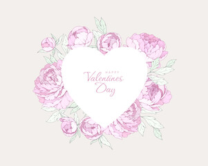 Card for Valentines day with pink peonies bloom, colorful flowers. Detailed template layout design