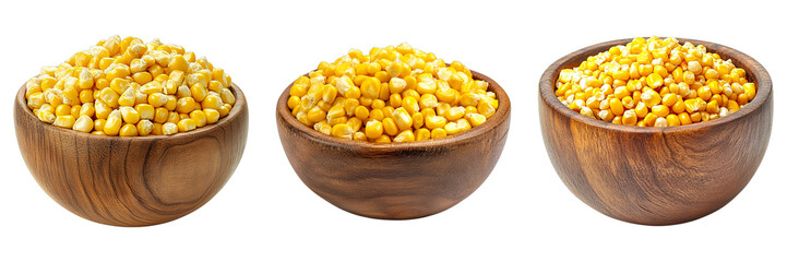 Three wooden bowls of yellow corn kernels, ready for cooking and enjoying. The corn is a vibrant color, and the bowls are made of wood. The lighting is bright and cheerful.