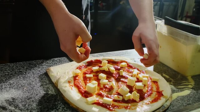 Cheese cubes cover sauce spiral on pizza base on granite counter. Chef arranges cubes with both hands spacing topping evenly before baking