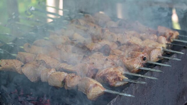 Traditional georgian mtsvadi, grill on the coals with smoke. Shashlik, barbecue. Slow motion