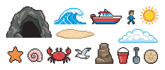 Pixel art beach and sea vacation icons featuring a boat, wave, crab, sun, cave, and other seaside elements in a retro 8-bit video game style for digital assets
