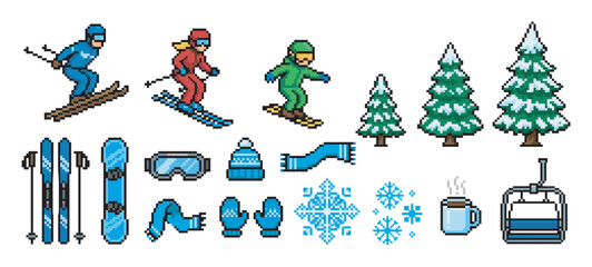 Set of pixel art winter sport icons featuring skiers, a snowboarder, equipment, snowy trees, a ski lift, and warm clothes in a retro 8-bit video game style