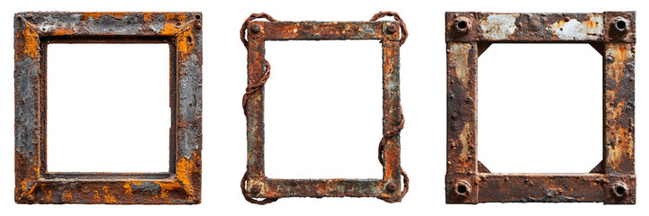 Three square rusty frames on a isolated surface, perfect for adding your images in. Showing the details of old age and the natural rust on the metal.