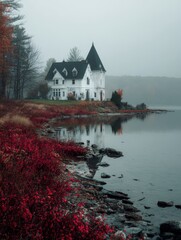 Victorian house by the lake in autumn fog with red foliage  
