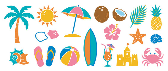 Collection of colorful summer beach icons with a fun, textured stamp style, featuring a palm tree, sun, surfboard, pineapple, crab, and other tropical vacation elements