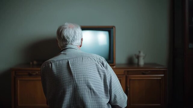 Senior man with grey hair sitting on a chair in a dark room, using a remote control to change channels on an old fashioned television set