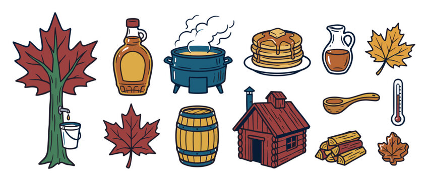Hand-drawn maple syrup production vector icon set with a tapped tree, boiling pot, pancakes with butter, a sugar shack, barrel, and colorful autumn leaves in a rustic style