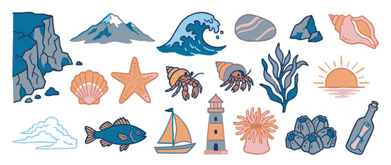 Fototapeta premium Charming hand-drawn collection of nautical illustrations featuring a lighthouse, sailboat, fish, shells, and other marine life elements in a cute, simple doodle style