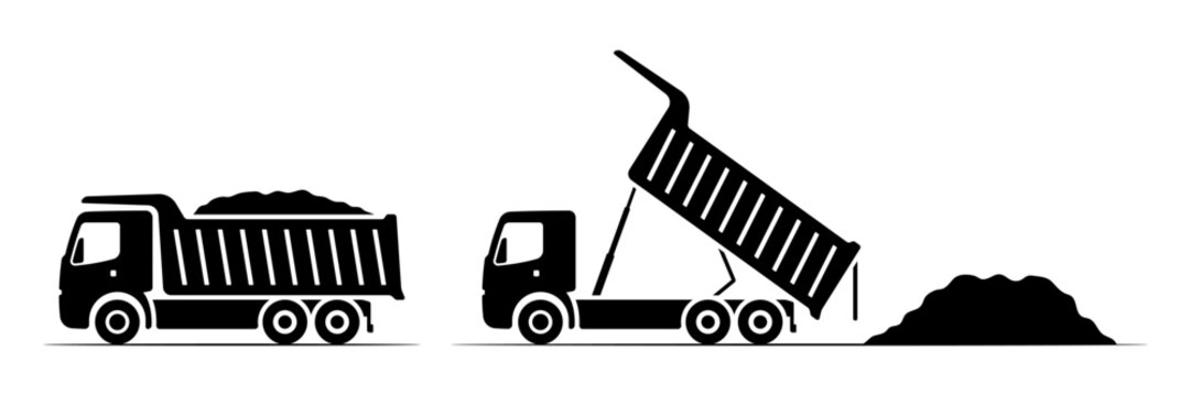 Loaded dump truck. Dump truck unloading sand. Black silhouette. Side view. Vector simple flat graphic illustration. Isolated object on a white background.