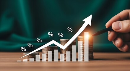 Hand with pen pointing at rising arrow graph over stacks of coins with percentage signs finance money