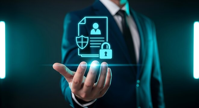 Man in suit holding glowing digital document with shield and lock hand