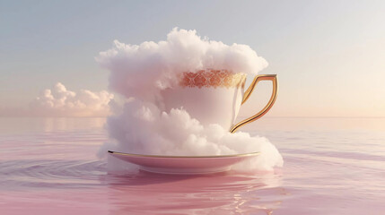 Oversized porcelain teacup overflowing with clouds floating on pink water surface