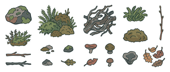 Fototapeta premium Set of cartoon forest nature illustrations featuring moss, stones, twigs, mushrooms, and fallen leaves with a thick outline and muted earth tone color palette