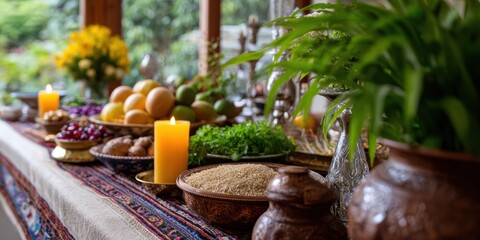 Fototapeta premium cultural celebration, sunny persian home displays festive haft-sin table in a welcoming setting with a charming ambiance