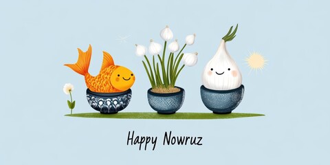 Naklejka premium nowruz cartoon illustration, a bright and playful nowruz postcard features cheerful anthropomorphic characters celebrating in a green field under the sun