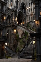 Fototapeta premium A city block with a building and stone stairs, in the style of gothic