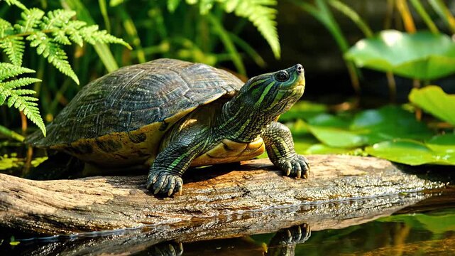 Red eared slider turtle sunbathing on a floating log. The animal is in a pond surrounded by lush green foliage and water lilies