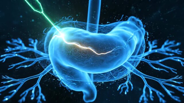 Medical animation showing laser surgery on a human stomach to treat an ulcer. Scientific visualization of a gastrectomy procedure