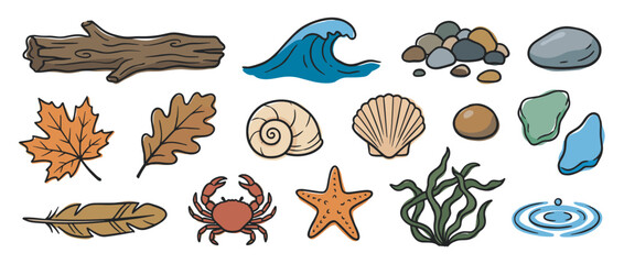 Obraz premium Collection of hand-drawn natural elements including a log, wave, stones, leaves, shells, crab, and starfish in a charming cartoon illustration style
