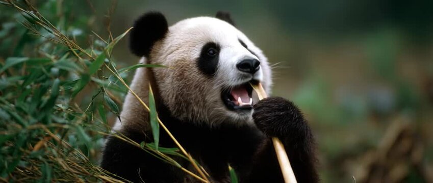 A giant panda is captured while munching on bamboo in its natural habitat.