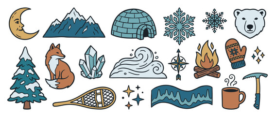 Hand-drawn winter icon set with arctic animals, nature elements, and adventure gear like an igloo, campfire, and mountains, created in a rustic, colorful doodle aesthetic