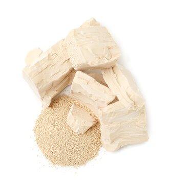 Fresh and dry yeast isolated on white