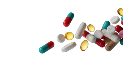 Assorted colorful pills, capsules, and softgels scattered against a black backdrop