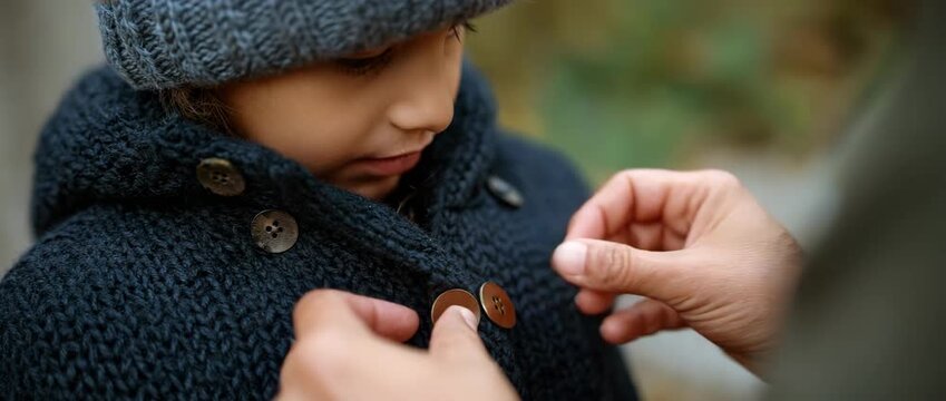 A happy child enjoys a moment while someone buttons their warm knitted coat warmly.