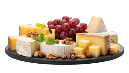 Assortment of cheeses with grapes, nuts, and greenery on a black platter