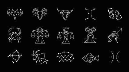Complete Modern Zodiac Signs Collection Outline on Black Background