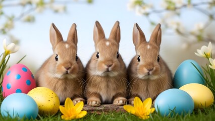 Three easter bunnies surrounded by colorful eggs and flowers