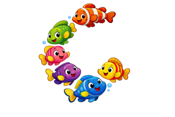 Colorful toy fish arranged in a curved line formation with orange green red purple blue and yellow hues visible