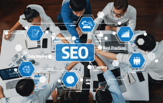 Top view diverse office worker join hand together in office room symbolize business synergy and strong productive teamwork in workplace. Cooperation and unity between business employee. Prudent Amity - Powered by Adobe