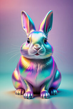 Rabbit or banny with iridescent (rainbow), holographic fur coloring, creating the effect of metallic shine and neon glow. Iridescent Easter