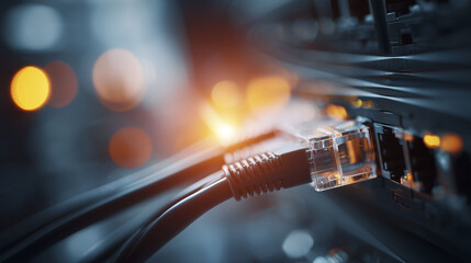 Cables are connected to a network device, with an illuminated port highlighting the connection. The background features blurred lights, suggesting an active data environment and technological setup