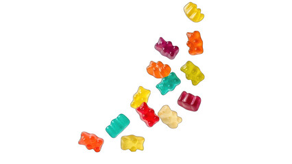 Colorful, translucent gummy bear candies scattered against a stark black background © irawan710