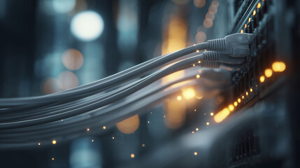 Connected network cables emerge from a dark, blurred background, leading to a data hub. Lights along the cables indicate activity, illustrating a network setup in a technological environment.