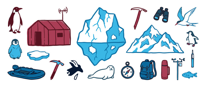 Collection of arctic and antarctic exploration illustrations including a penguin, seal, iceberg, research hut, compass, and ice axe in a simple, flat doodle style