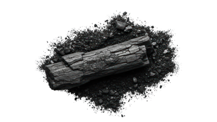 Darkened wood logs and charcoal on a black background