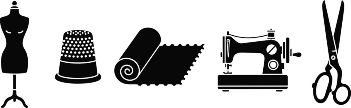 Collection of sewing and tailoring icons showing needle and thread