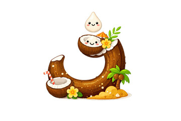 Fototapeta premium Coconut drink with a small figure on top, pieces of coconut, pineapple and green leaves are visible near the base