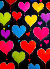 Bright multicolored abstract hearts on black background