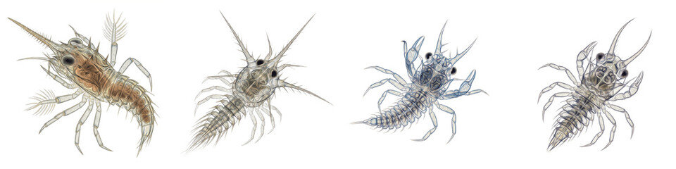 Four Crab Zoea Poses PNG Set Isolated on White Background - Realistic Crustacean Larva Graphics for Marine Biology, Ocean Life Education, and Scientific Design © DesireDoue